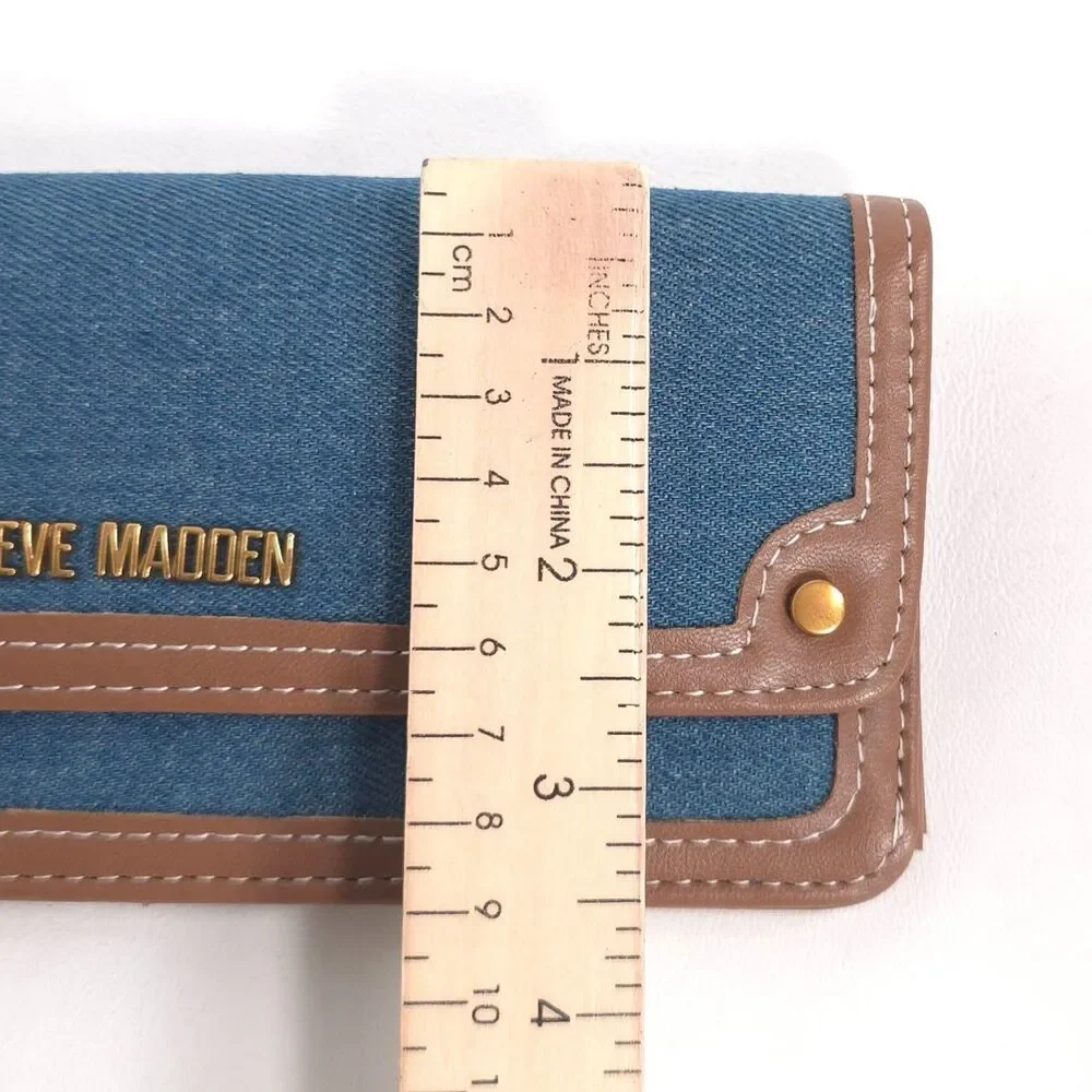 STEVE MADDEN Women's New Denim Snap Zip Wallet Blue Brown BDENNI